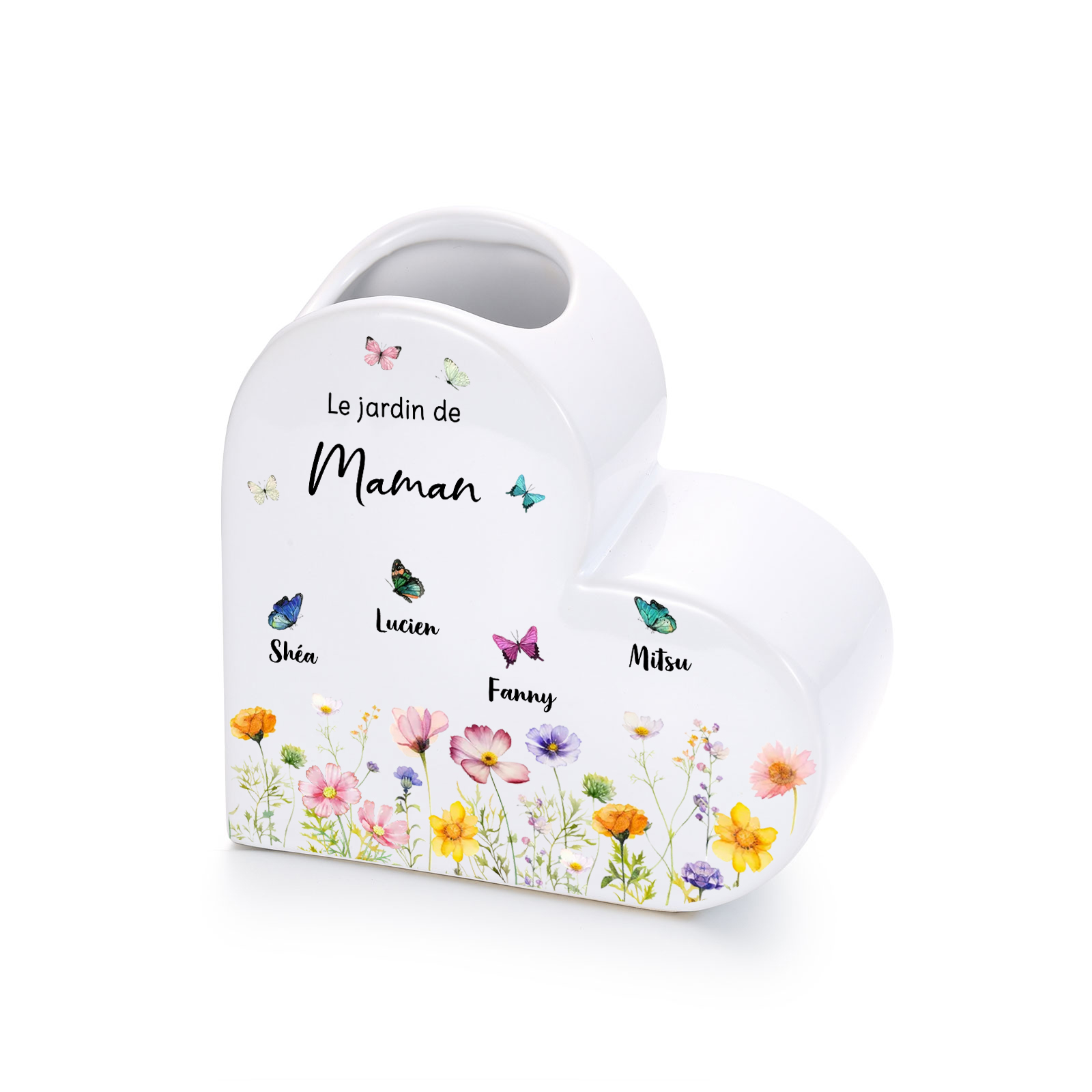 Vase Cœur Personnalisé en Céramique avec 1-10 Prénoms et Papillons pour Maman ou Mamie