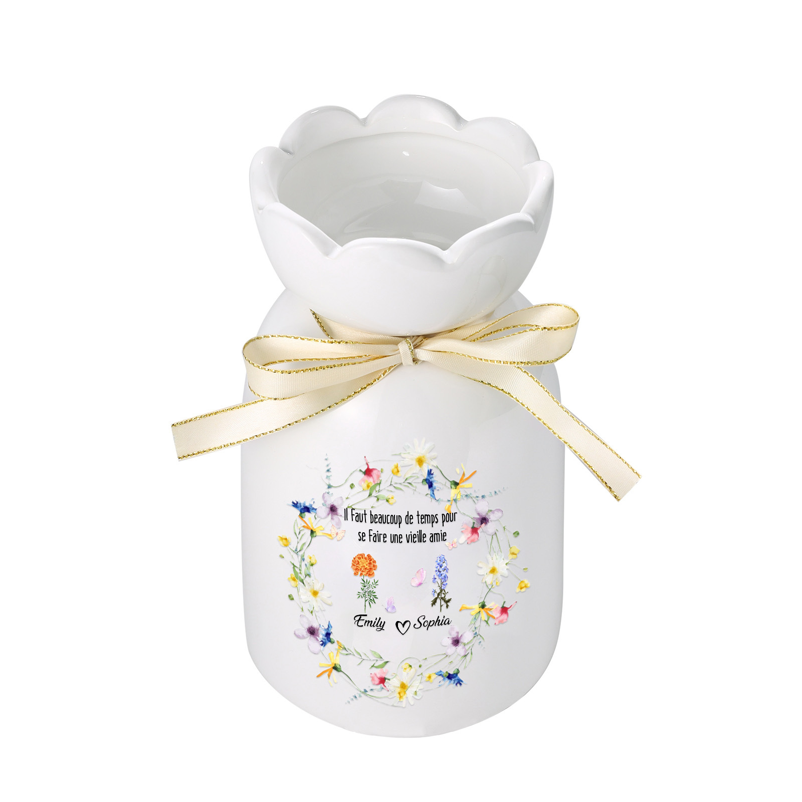 À ma Sœur/Amie - Vase en Céramique Personnalisé 2 Prénoms et Fleurs de Naissance  (sans fleurs) Cadeau d'Amitié | Jessemade