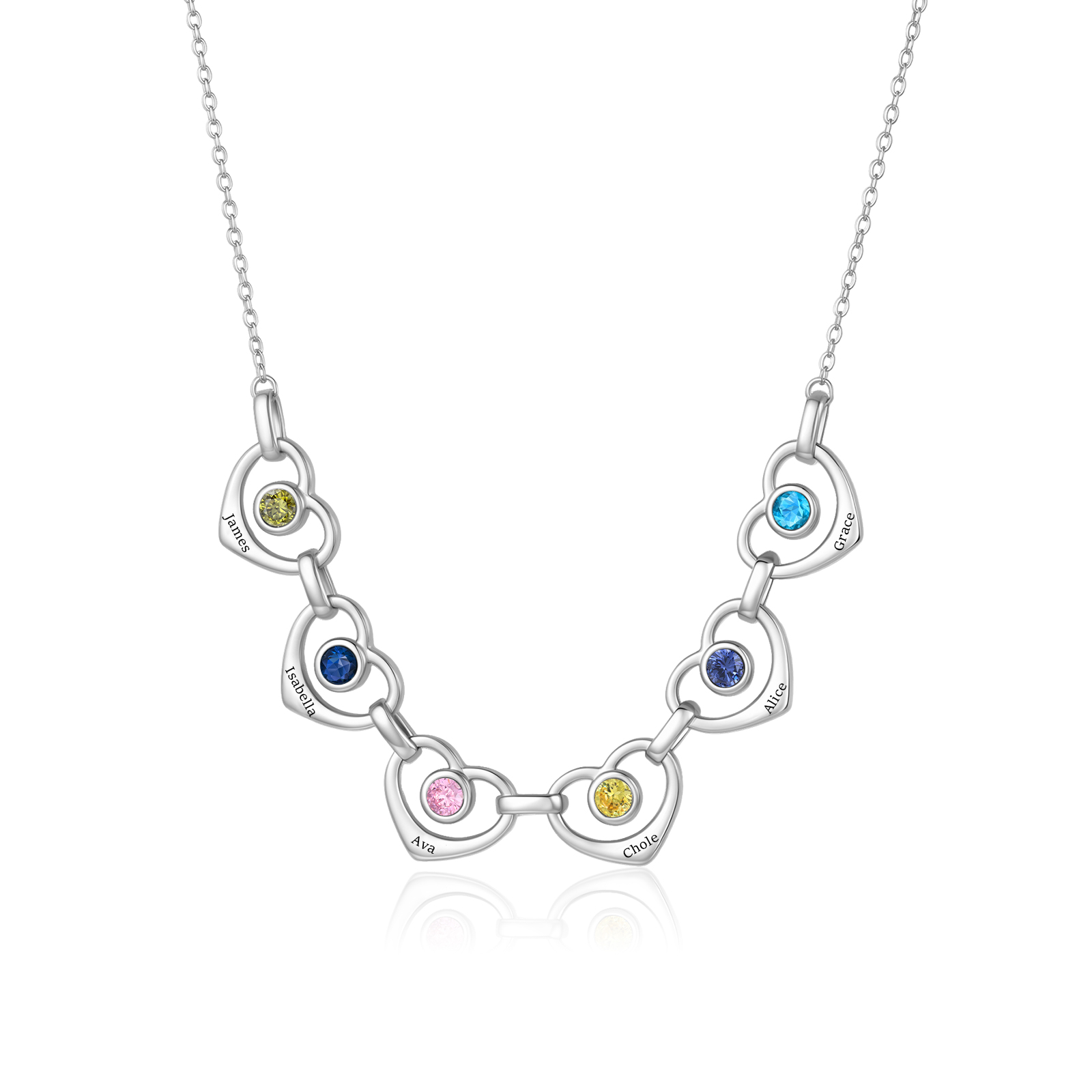 Collier Personnalisé Cœurs Entrelacés avec 1 à 6 Prénoms et Pierres de Naissance – Cadeau Famille pour Femme