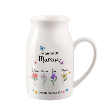 Vase en céramique personnalisée « Le jardin de maman ou mamie » avec 1 à 10 fleurs de naissance et prénoms (sans fleurs)