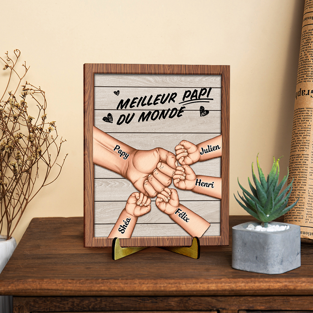 Plaque en bois personnalisée Papi 1 à 8 Prénoms et Poing, cadeau pour la Fête des grands-pères| Jessemade