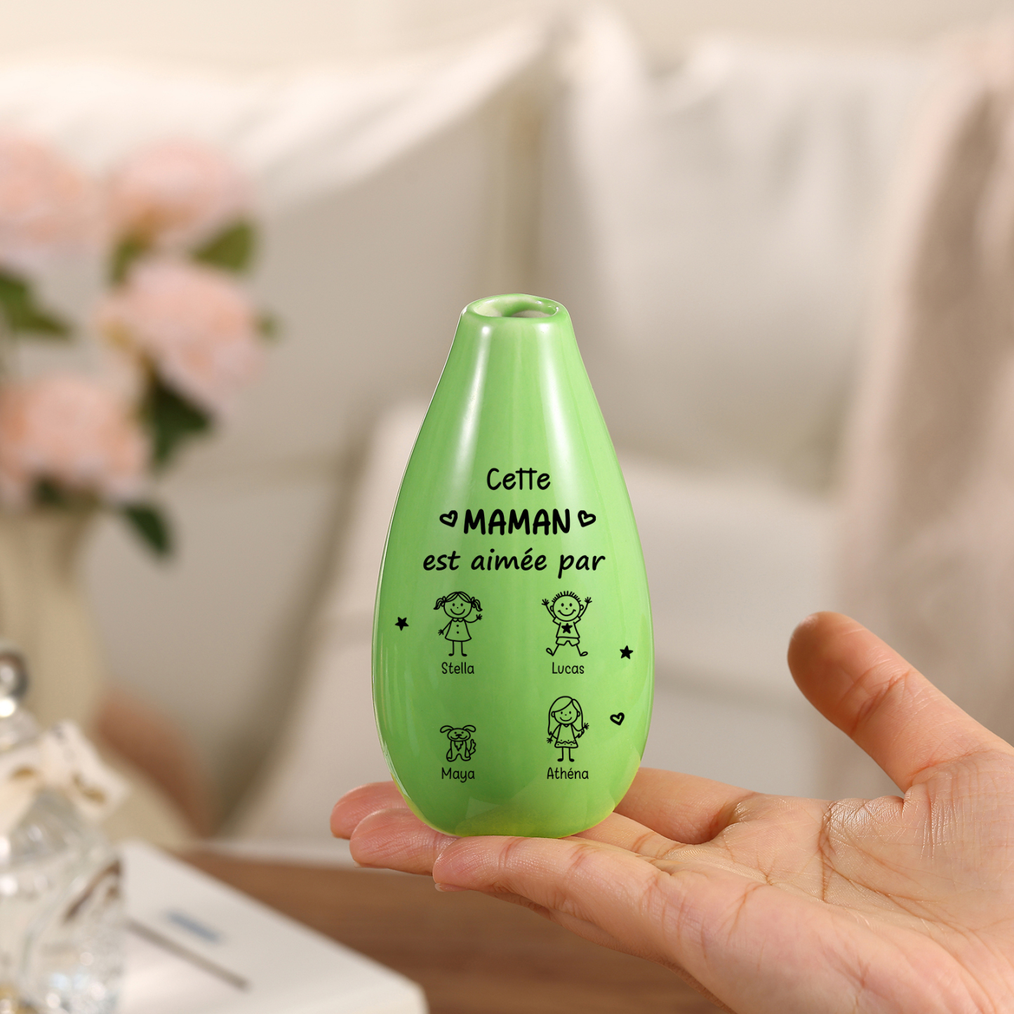 Vase soliflore en céramique personnalisé avec 1 à 6 Prénoms pour Maman/Mamie
