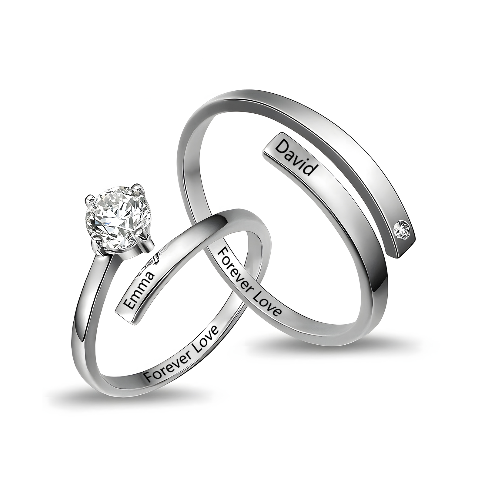 Bague de Couple Personnalisée avec Prénoms ou Textes – Anneaux Ajustables Sertis de Zircon
