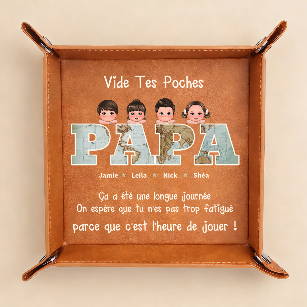 Vide-poches en Cuir PU personnalisé avec 1-6 Prénoms et Enfants pour Papa, Cadeau Fête des Pères