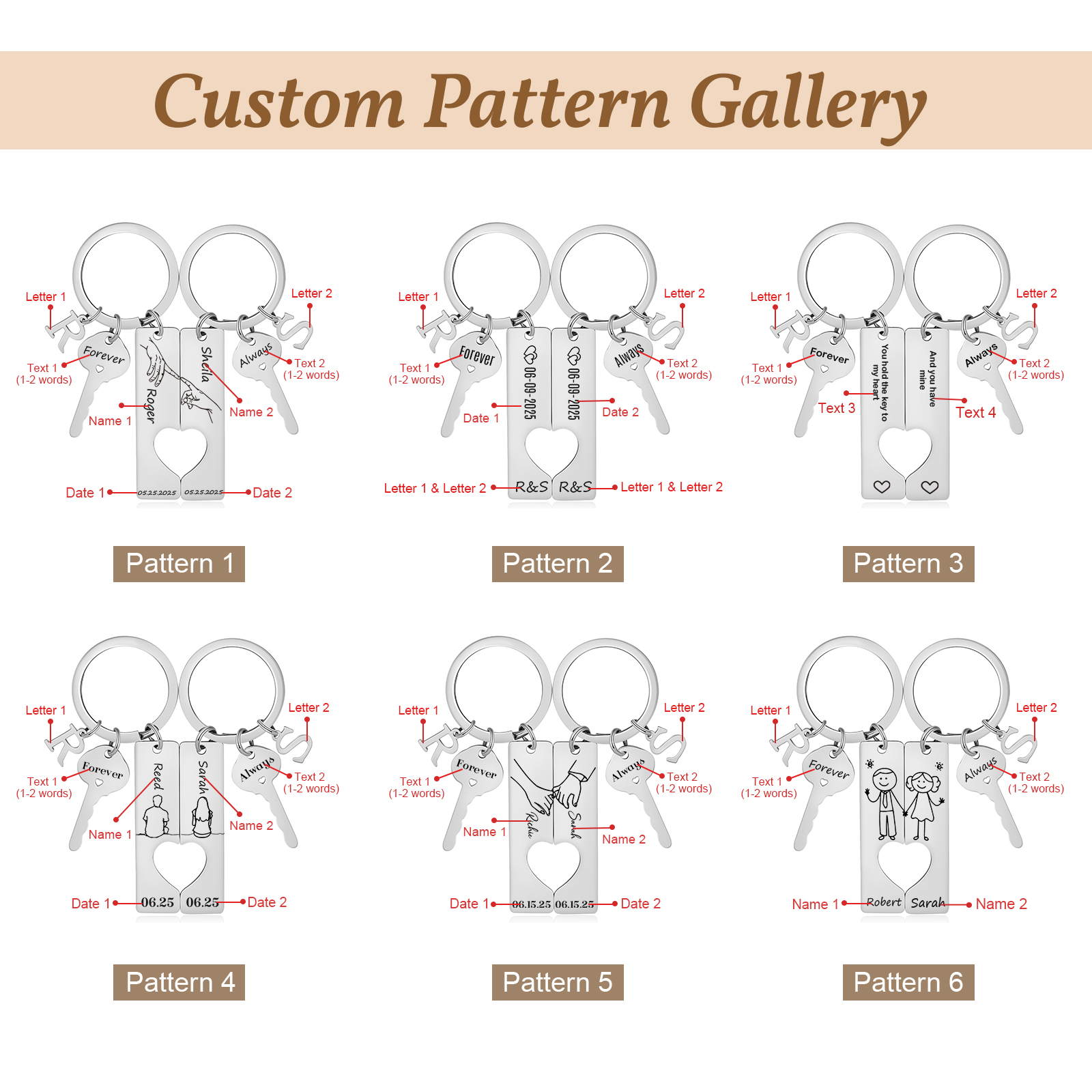 Porte-Clés pour Couple avec Cœur Découpé, Personnalisé avec Prénoms et Initiales, cadeau de Saint-Valentin