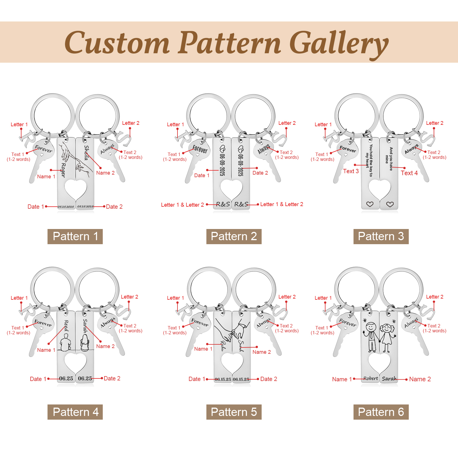 Porte-Clés pour Couple avec Cœur Découpé, Personnalisé avec Prénoms et Initiales, cadeau de Saint-Valentin