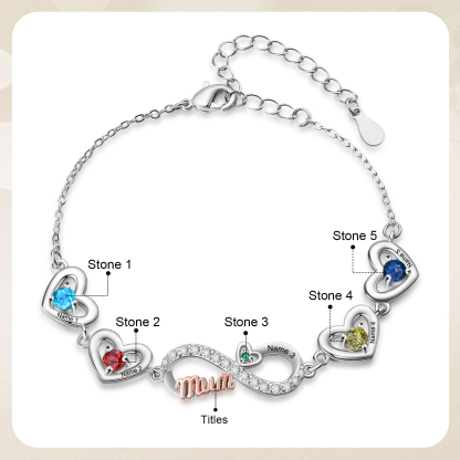 Bracelet Cœur Infini Personnalisé avec Pierres de naissance pour Maman, personnalisable avec 2 à 6 Prénoms
