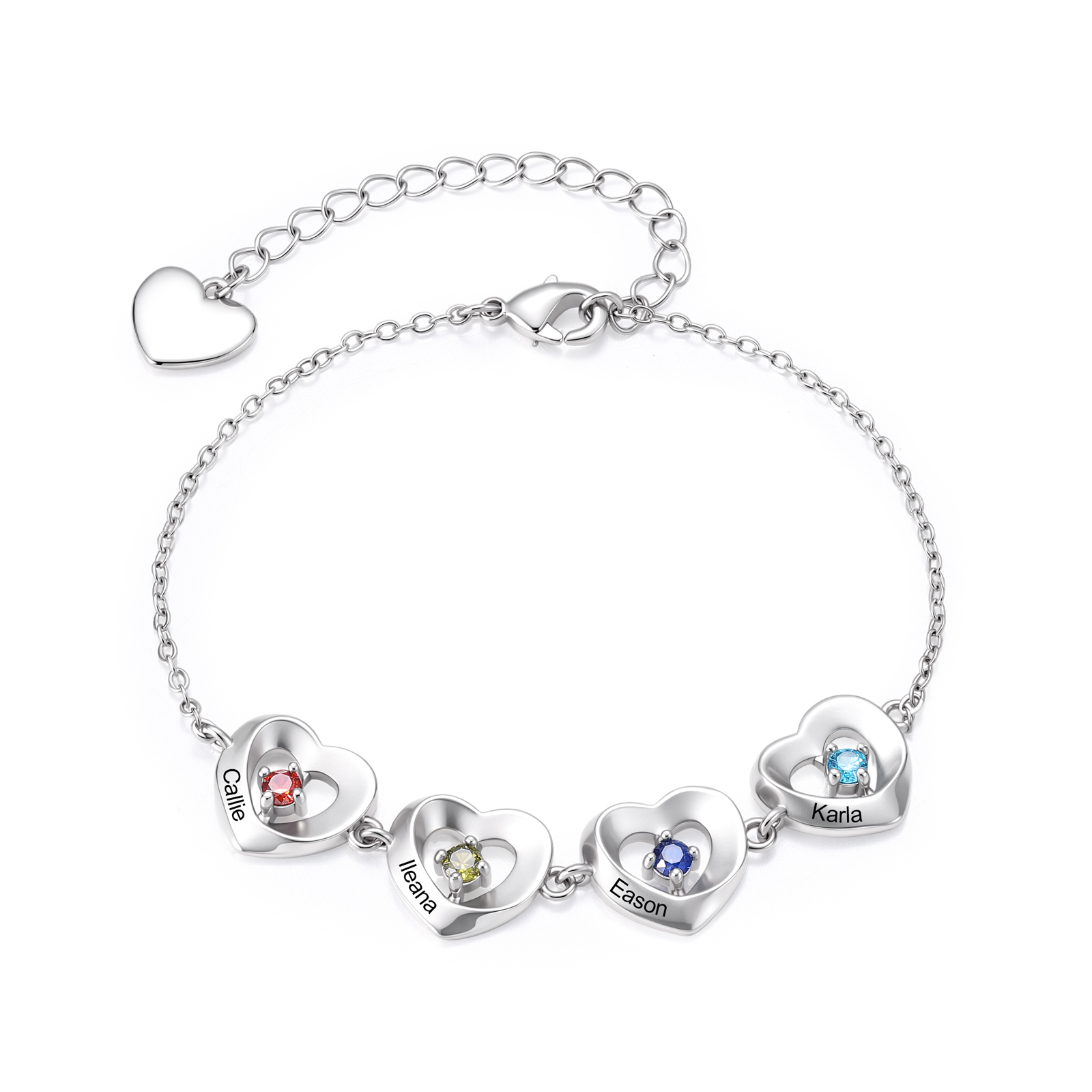 Bracelet Personnalisé Cœurs avec 2 à 5 Prénoms et Pierres de Naissance– Bijou Familial pour Femme