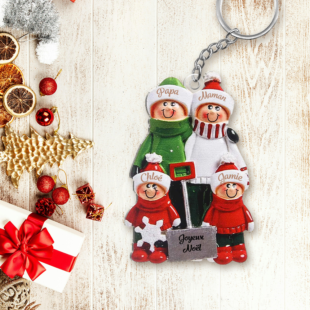 Porte-Clés de Noël Personnalisé avec Nom – Famille en Train de Déblayer la Neige