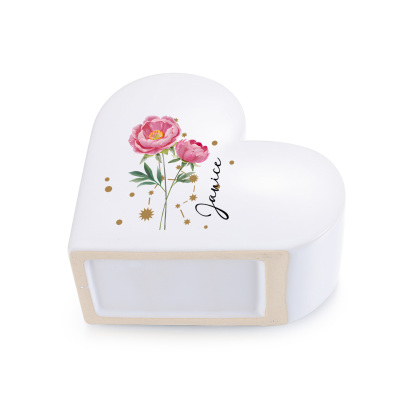 Vase Cœur en céramique Personnalisé avec Fleurs de naissance et signes du zodiaque