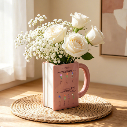 Vase Livre Personnalisé « D'abord Maman, Maintenant Mamie » avec 2 à 10 Prénoms et Fleurs de Naissance