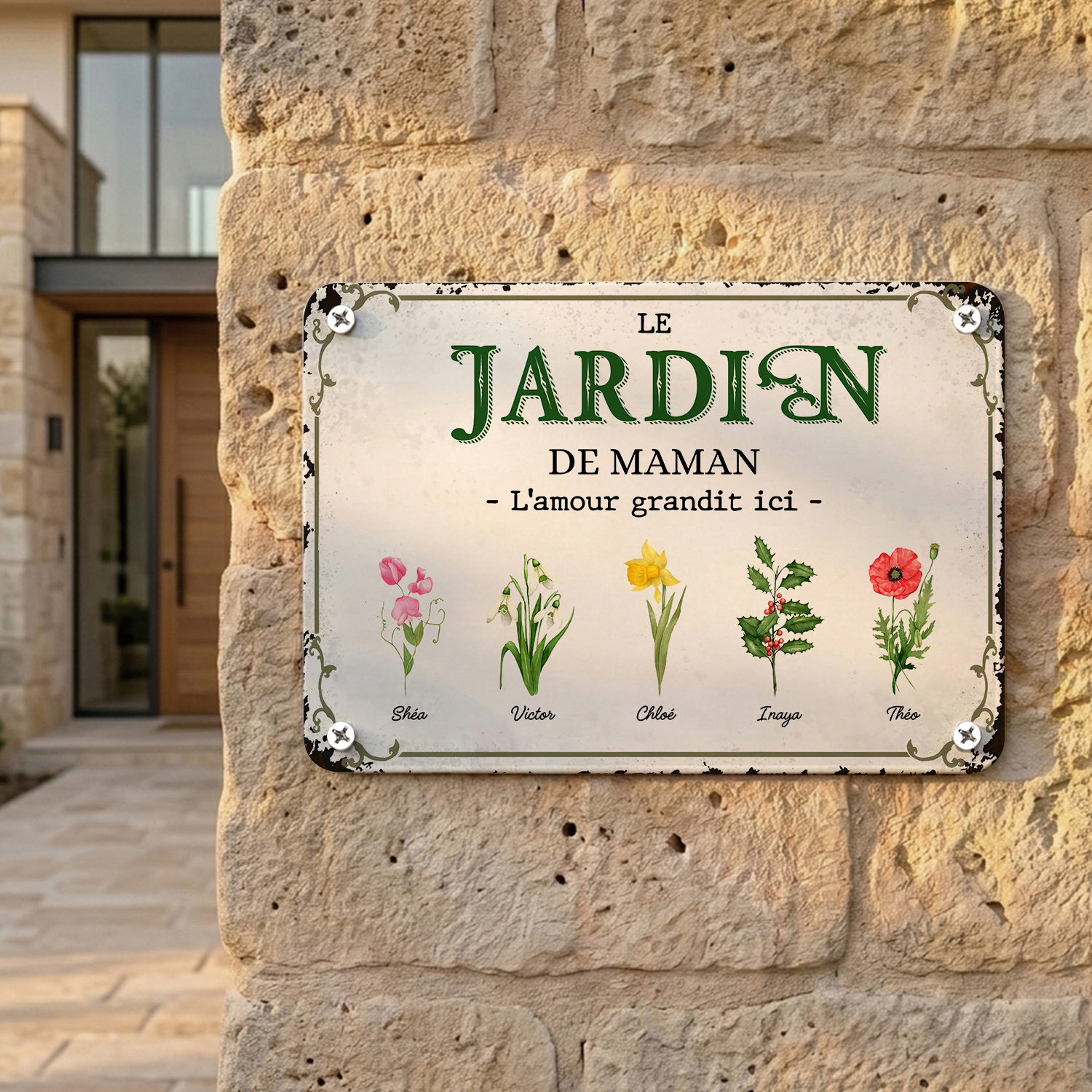 Plaque Métal Personnalisée avec 1-7 Prénoms et Fleurs de Naissance – Décoration Murale Jardin