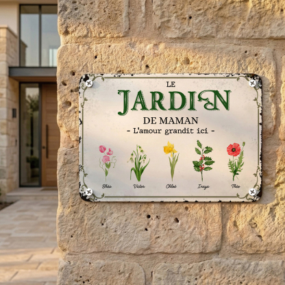 Plaque Métal Personnalisée avec 1-7 Prénoms et Fleurs de Naissance – Décoration Murale Jardin