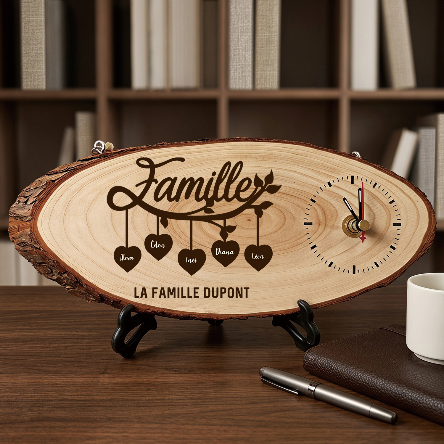 Horloge Arbre Généalogique Rustique en Bois Personnalisée avec 2 à 10 Prénoms