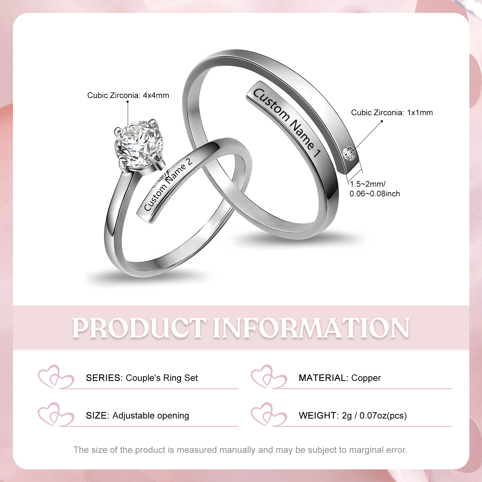 Bague de Couple Personnalisée avec Prénoms ou Textes – Anneaux Ajustables Sertis de Zircon