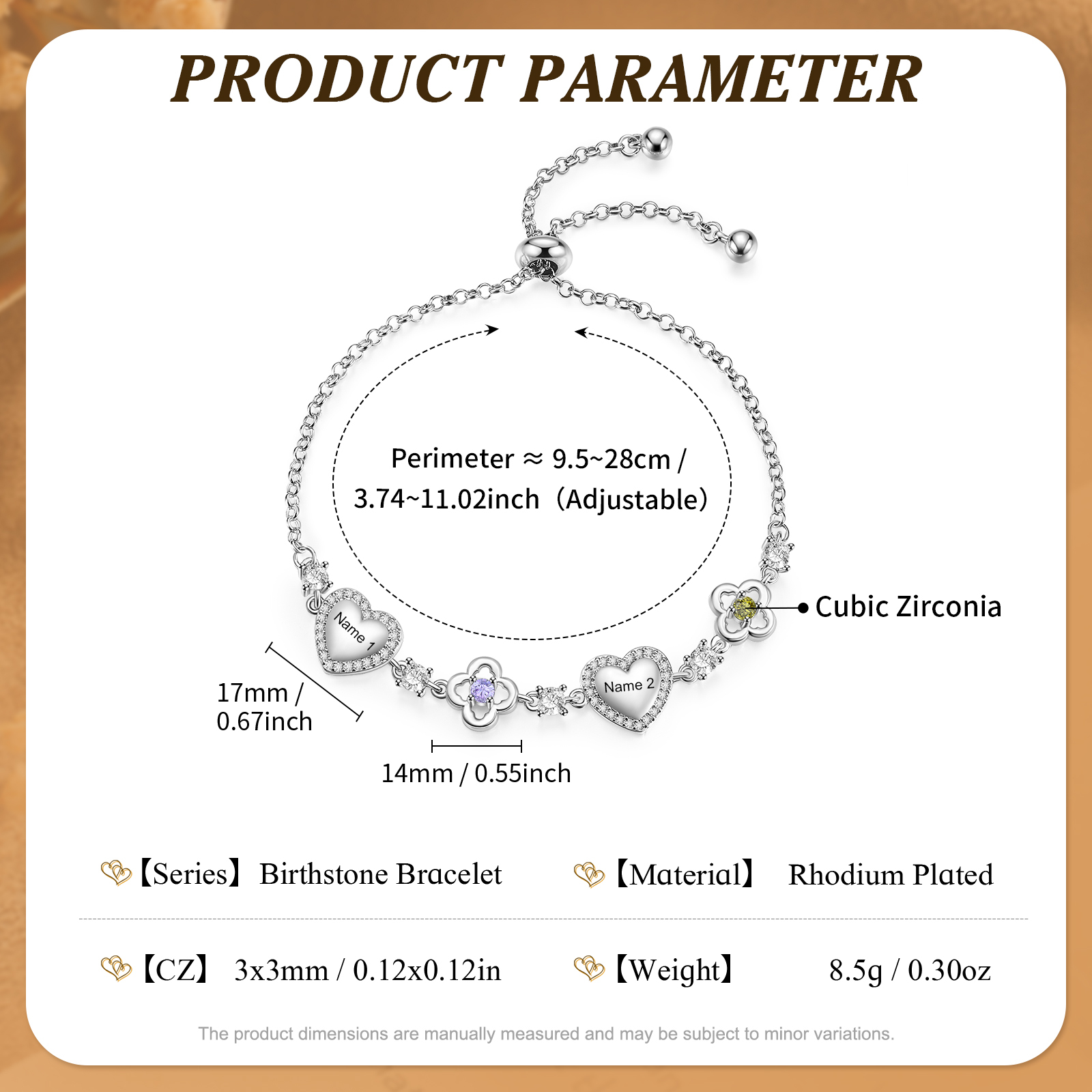 Bracelet Personnalisé avec Pierre de naissance et Cœur— 2 à 5 Noms et Pierres