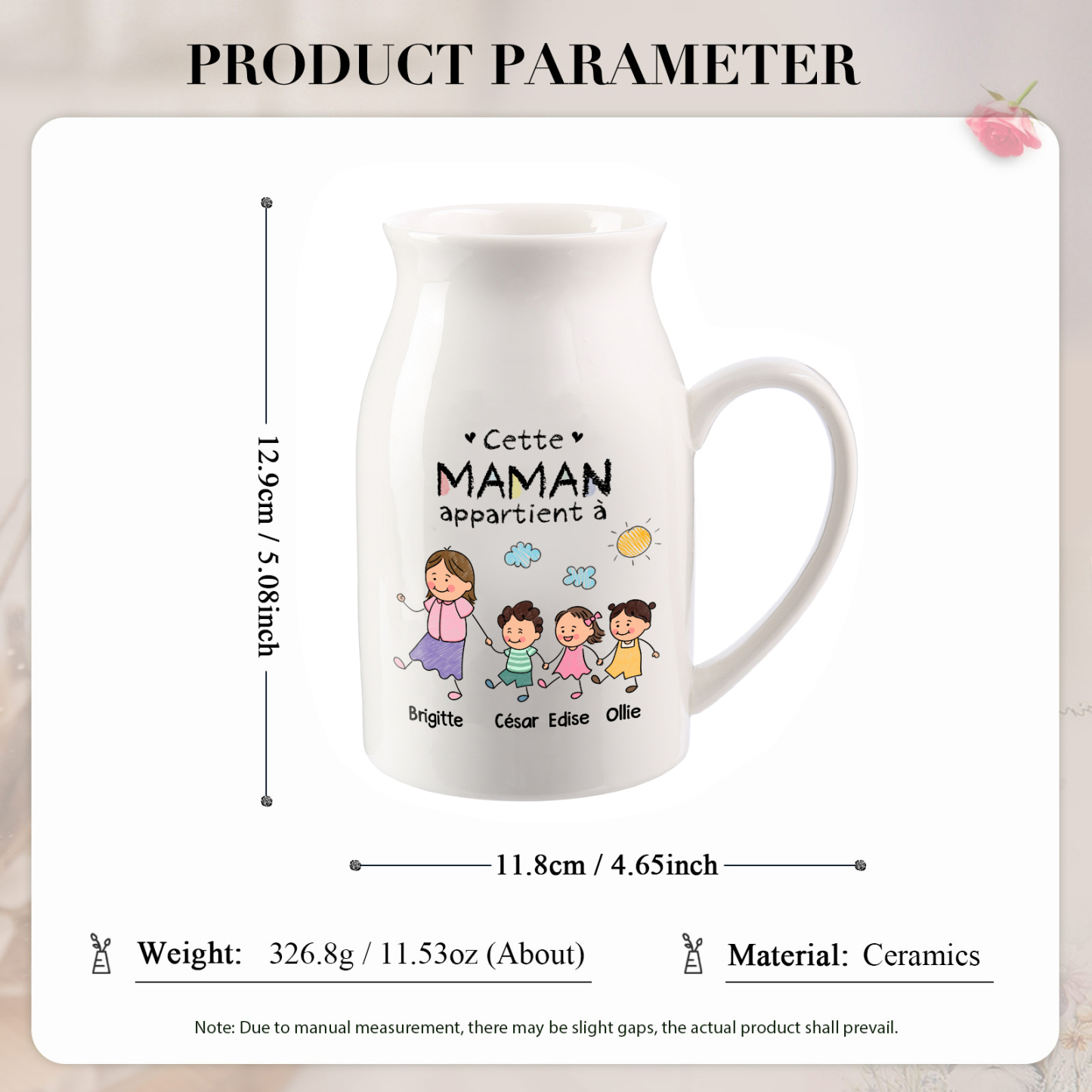 Vase à fleurs Personnalisée en Céramique pour Maman ou Mamie, conçue avec 1 à 8 Prénoms