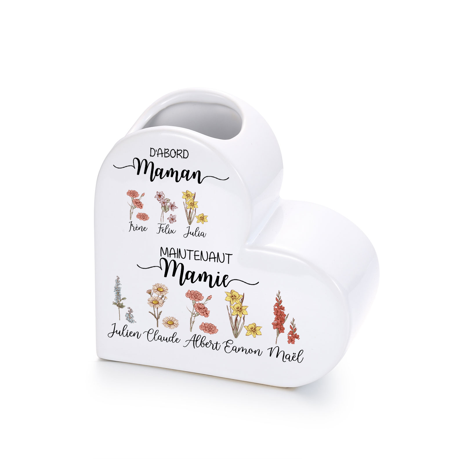 Vase Cœur en Céramique Personnalisé 2 à 10 Prénoms et Fleurs de Naissance,cadeau Fête des Mères pour Mamie Maman