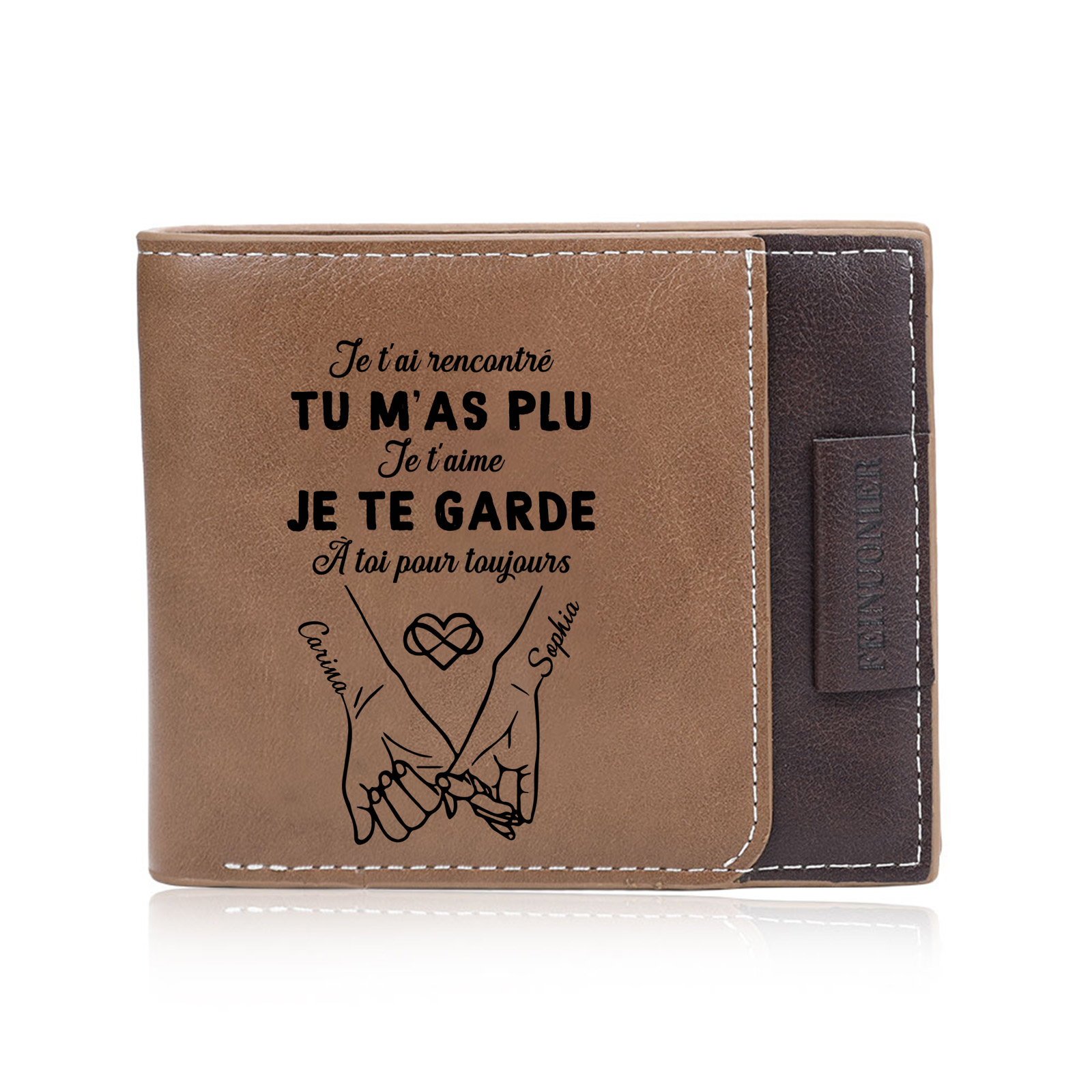 Portefeuille en cuir personnalisé avec photo et gravure de deux prénoms – couple se tenant par la main – cadeau romantique pour petit ami ou mari pour un anniversaire ou la Saint-Valentin | Kettenmachen