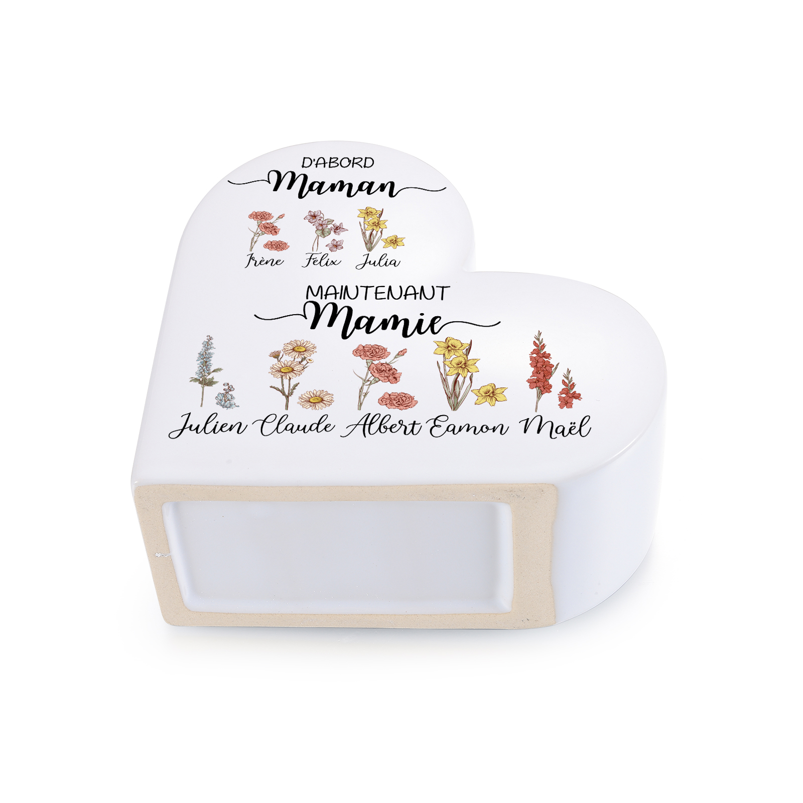 Vase Cœur en Céramique Personnalisé 2 à 10 Prénoms et Fleurs de Naissance,cadeau Fête des Mères pour Mamie Maman