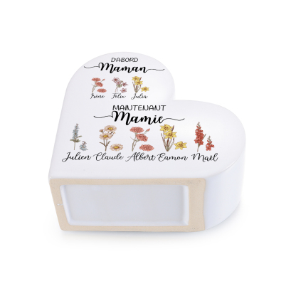 Vase Cœur en Céramique Personnalisé 2 à 10 Prénoms et Fleurs de Naissance,cadeau Fête des Mères pour Mamie Maman