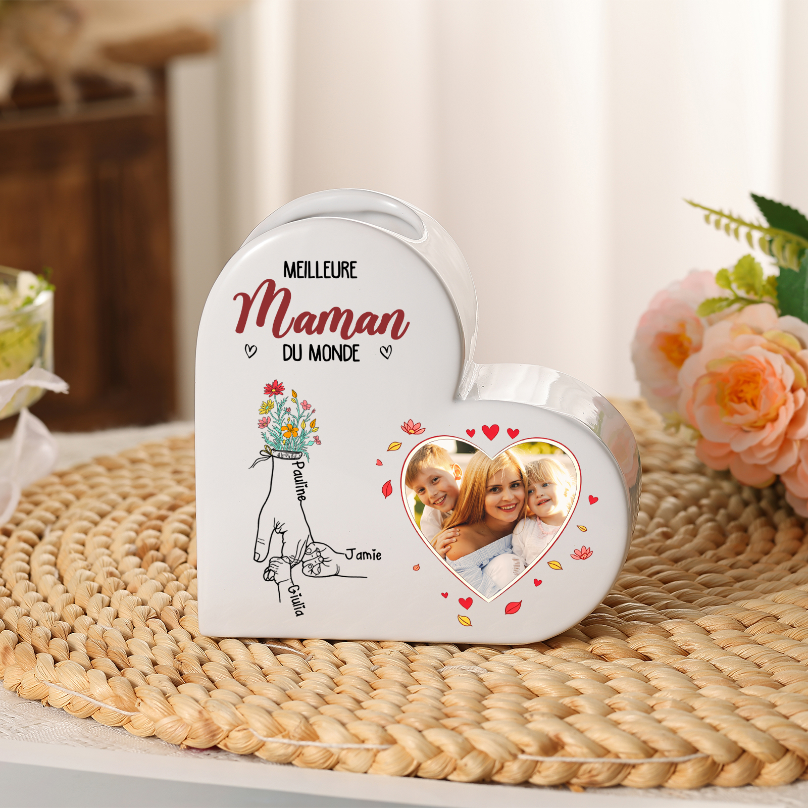 Vase cœur en céramique « Meilleure Maman/Mamie du monde » Personnalisé avec 1-6 Prénoms et 1 Photo