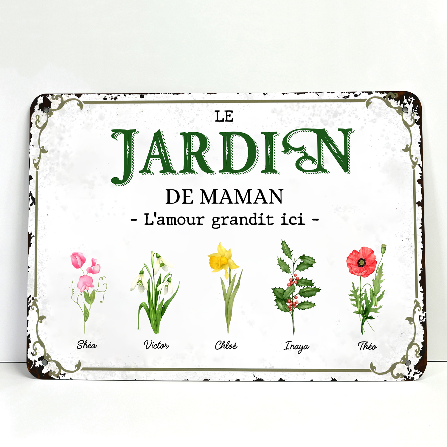 Plaque Métal Personnalisée avec 1-7 Prénoms et Fleurs de Naissance – Décoration Murale Jardin
