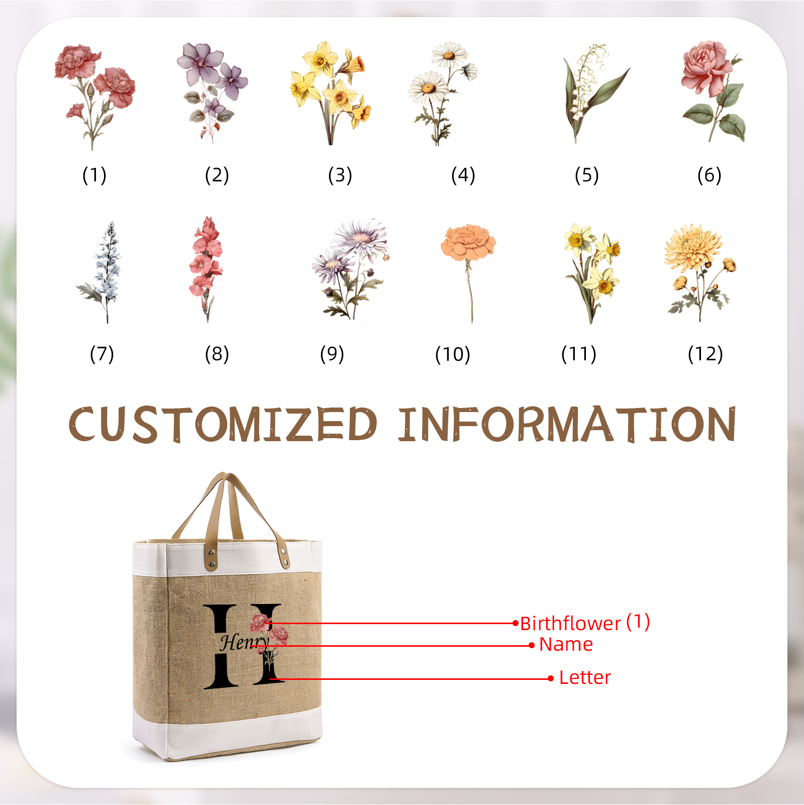 Cabas en jute Personnalisé, monogramme Fleur de Naissance