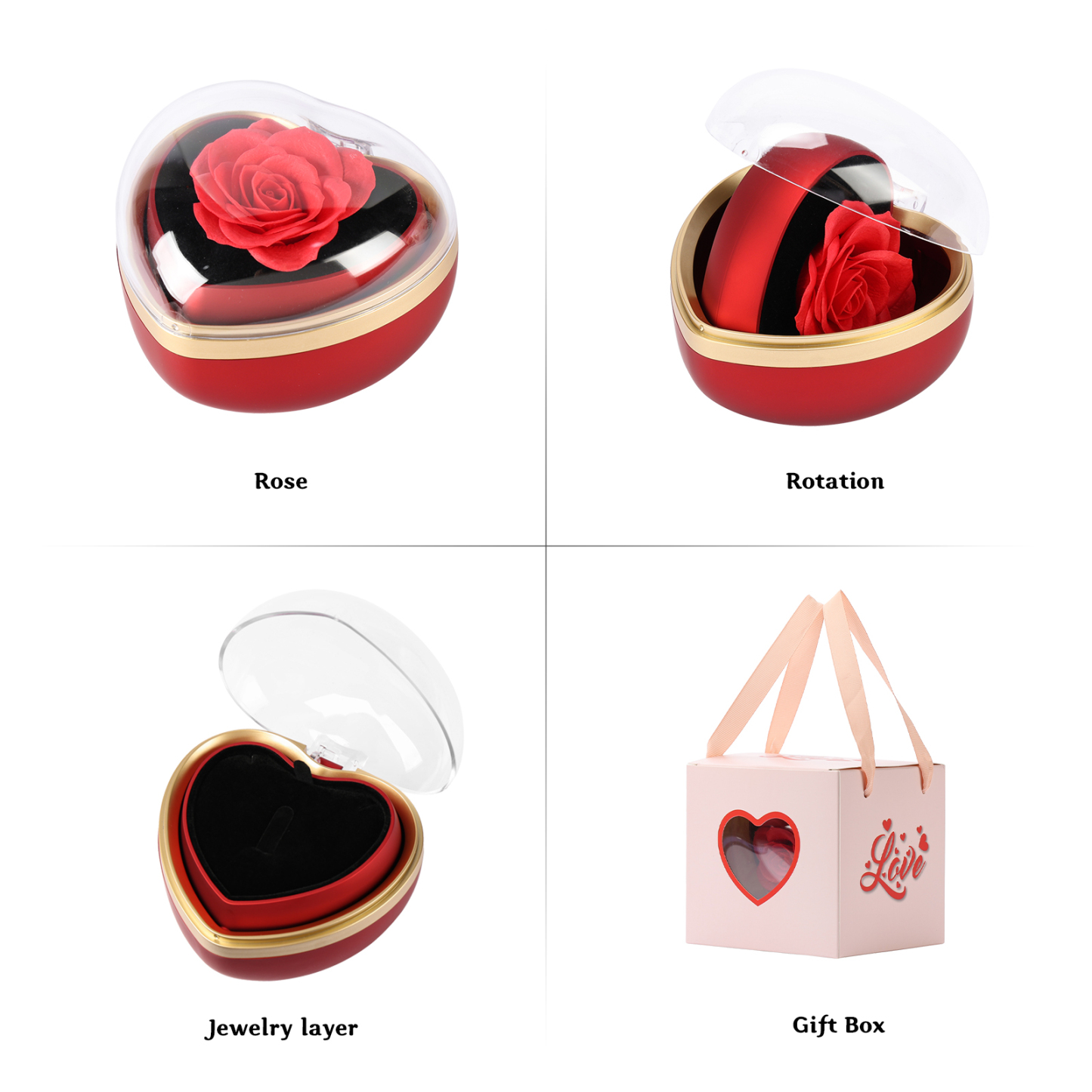 Boîte à bijoux coeur rose rotatif, couvercle clair