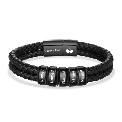 Bracelet en cuir tressé noir Personnalisé avec 2 à 6 Prénoms pour Homme