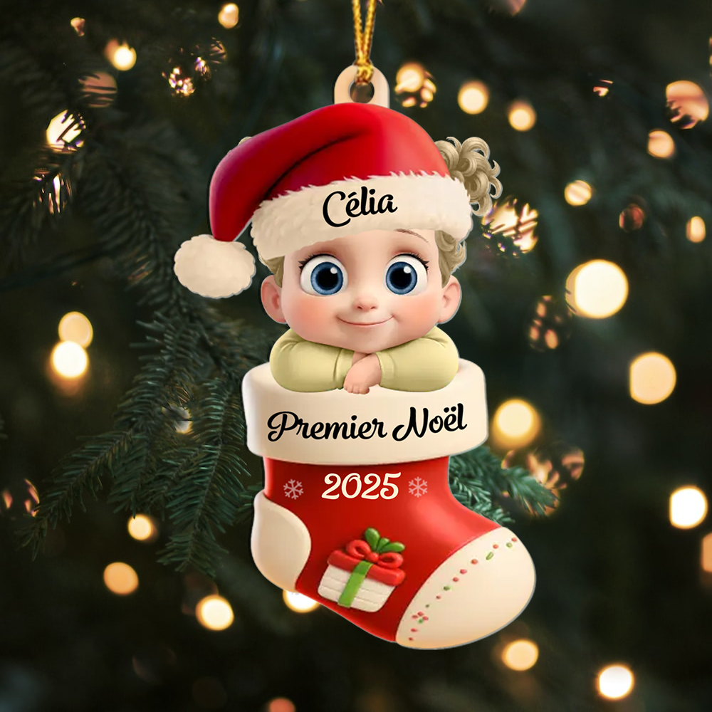 Décoration Sapin Noël en forme de Chaussette pour Premier Noël de Bébé (Design imprimé – non 3D)