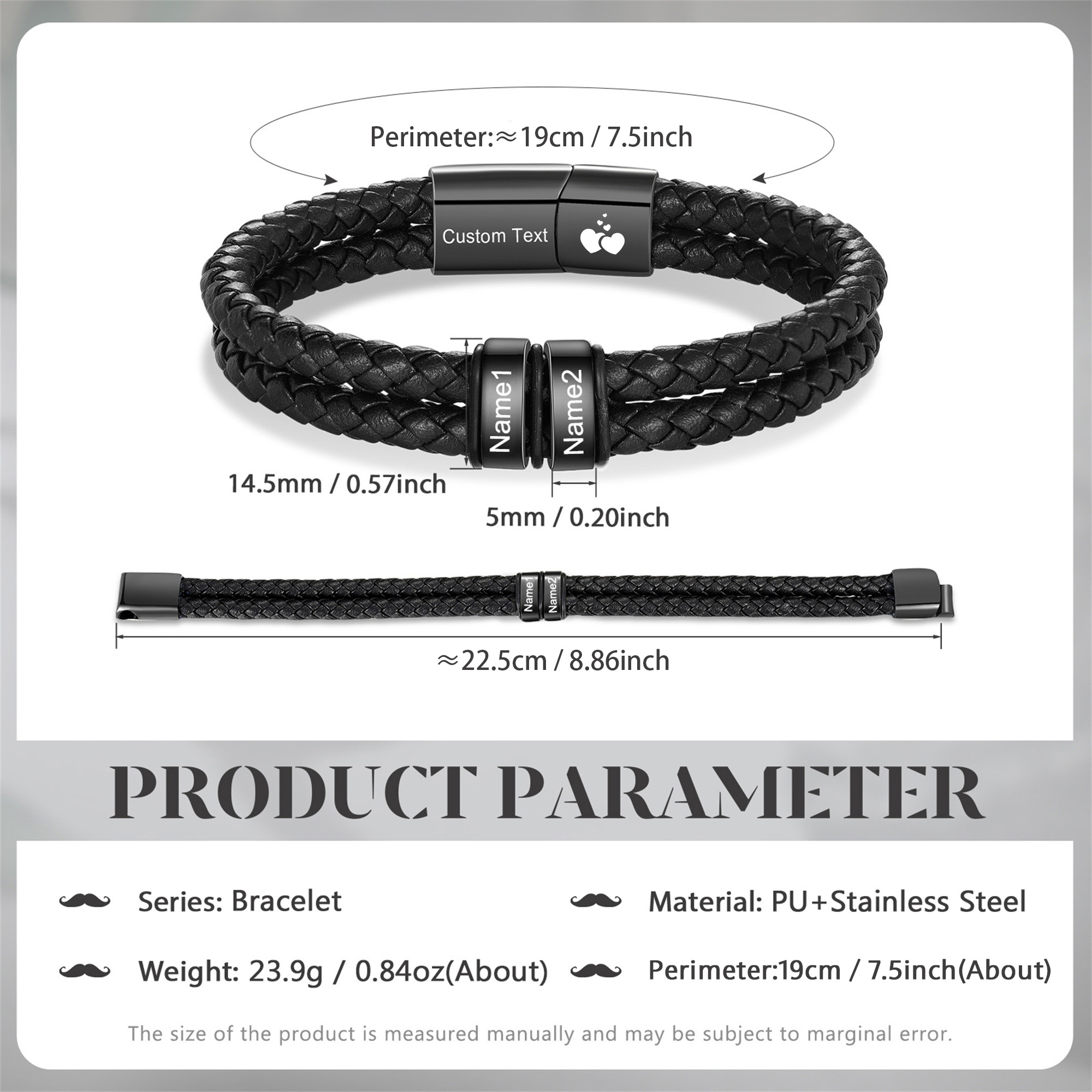 Bracelet en cuir tressé noir Personnalisé avec 2 à 6 Prénoms pour Homme