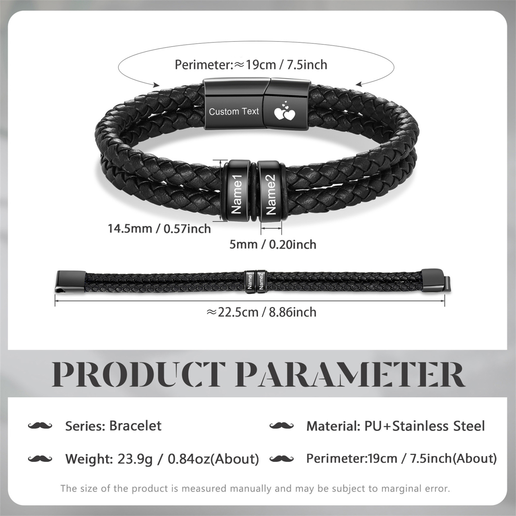 Bracelet en cuir tressé noir Personnalisé avec 2 à 6 Prénoms pour Homme