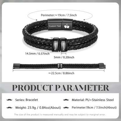 Bracelet en cuir tressé noir Personnalisé avec 2 à 6 Prénoms pour Homme