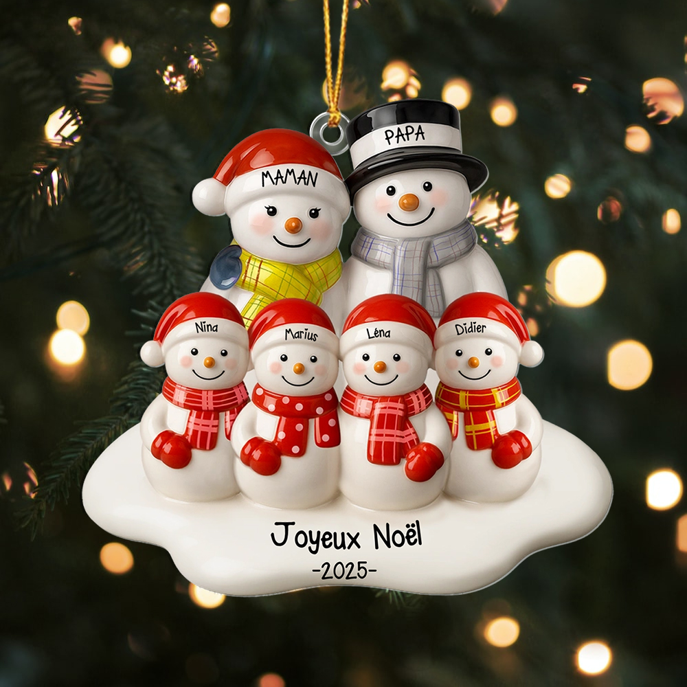 Ornement de Noël personnalisé Famille bonhommes de neige 2 à 12 prénoms 1 texte 1 année Cadeau sapin pour parents enfants grands parents | Jessemade