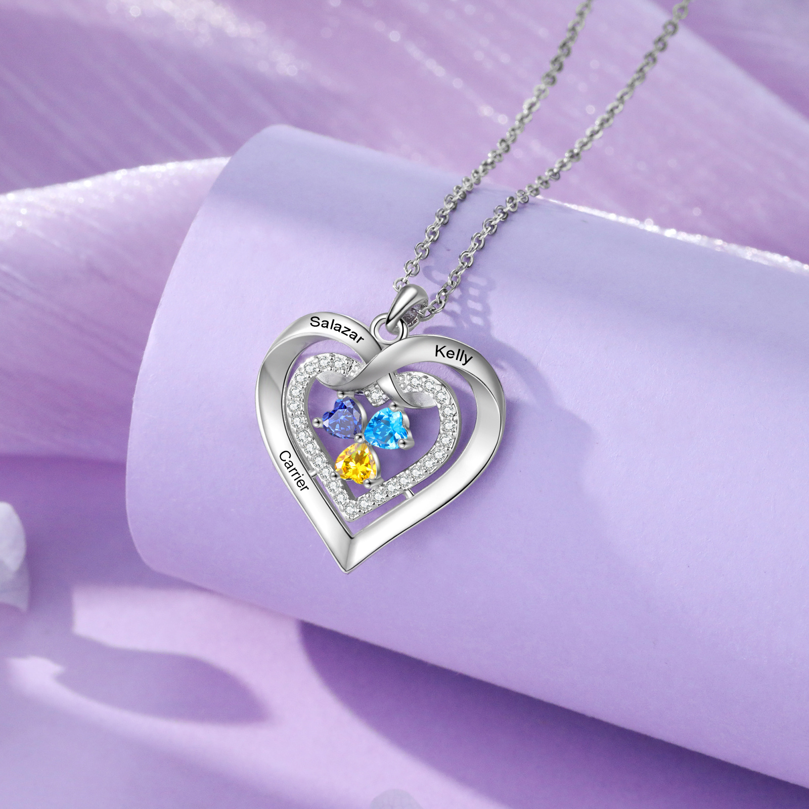 Collier Double Cœur Personnalisé avec Prénoms et 2-4 Pierres de Naissance
