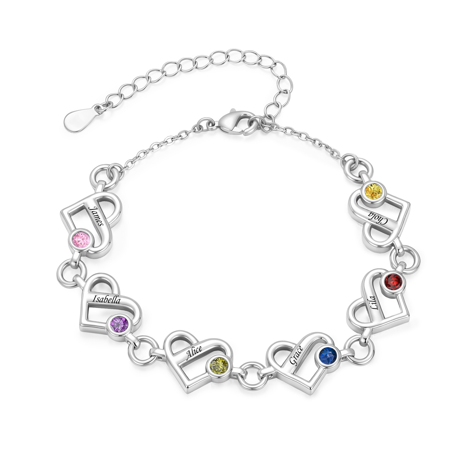 Bracelet Personnalisé Cadenas d'Amour avec 1 à 6 Prénoms et Pierres de Naissance, Bijoux Cœur pour Femme
