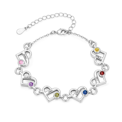 Bracelet Personnalisé Cadenas d'Amour avec 1 à 6 Prénoms et Pierres de Naissance, Bijoux Cœur pour Femme