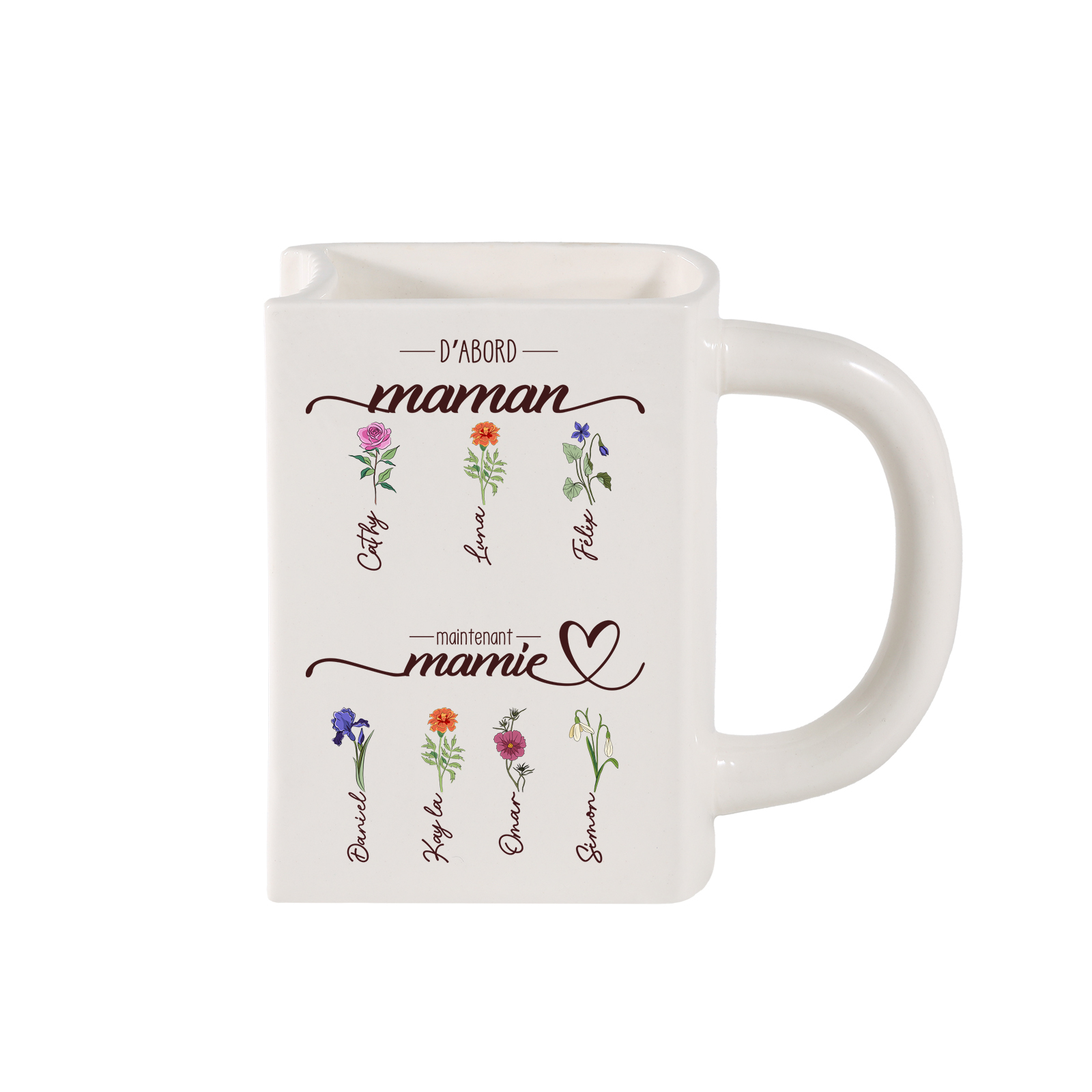 Vase Livre Personnalisé « D'abord Maman, Maintenant Mamie » avec 2 à 10 Prénoms et Fleurs de Naissance