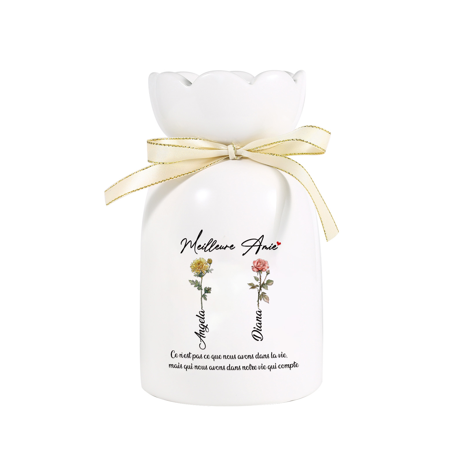 À ma Meilleure Amie - Vase Personnalisé avec Ruban 2 Prénoms et Fleurs de Naissance (sans fleurs) | Jessemade