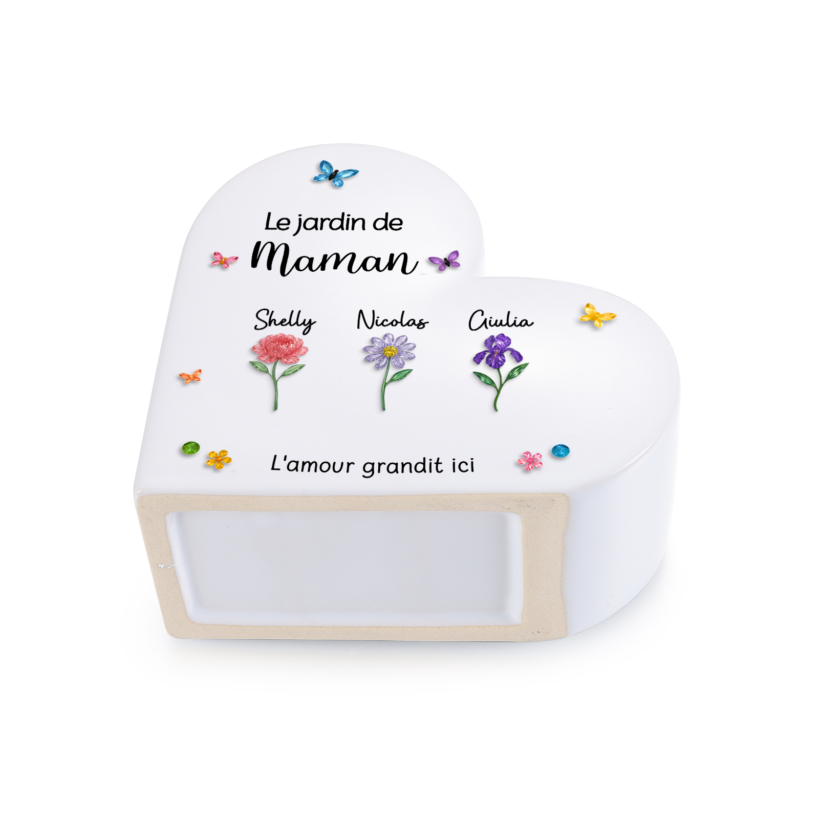 Vase Cœur en Céramique Personnalisé avec 1 à 10 Prénoms et Fleurs de naissance pour Maman/Mamie