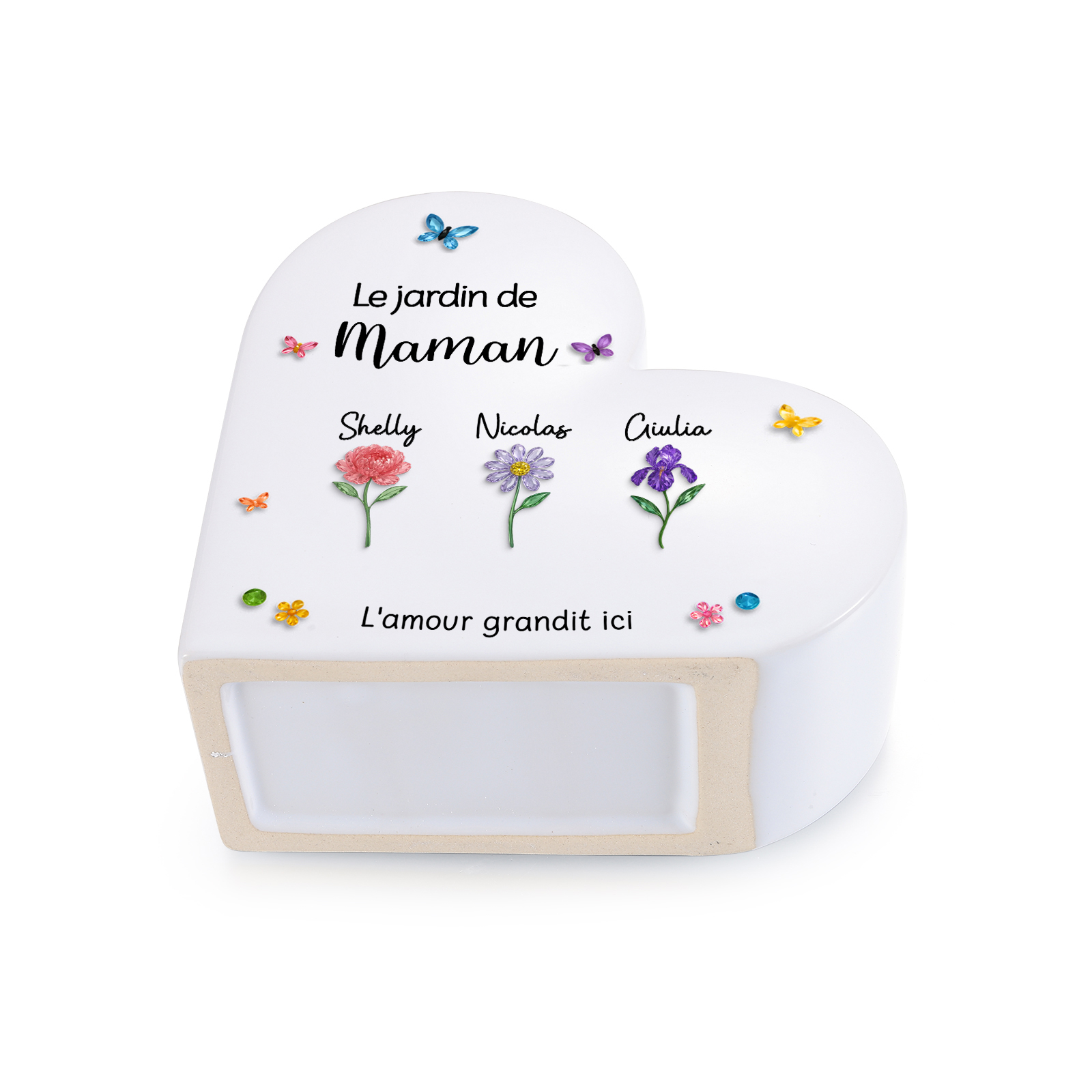 Vase Cœur en Céramique Personnalisé avec 1 à 10 Prénoms et Fleurs de naissance pour Maman/Mamie