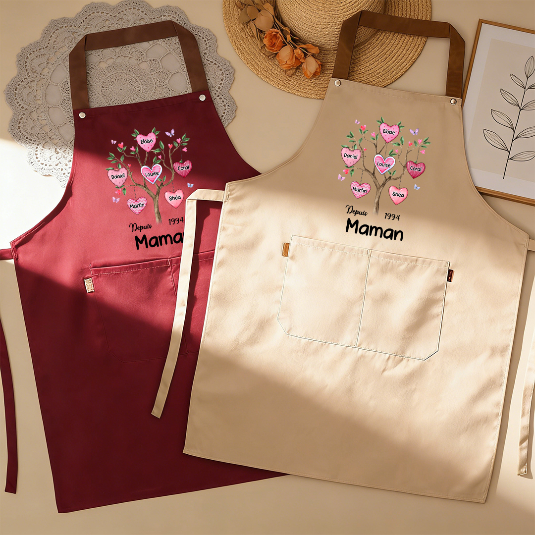 Tablier Personnalisé avec Arbre Généalogique, conçu avec 2 à 8 Prénoms d'enfants