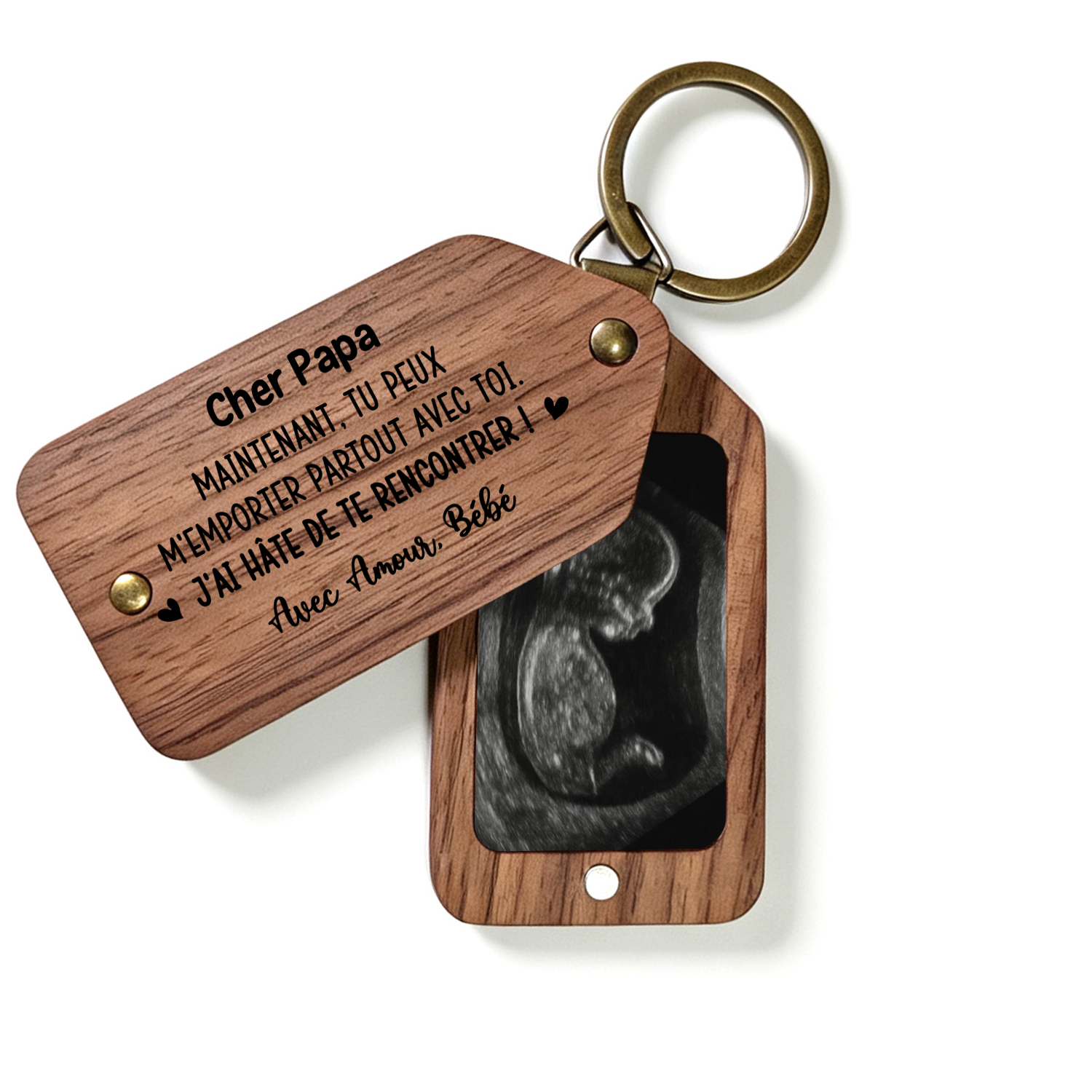 Porte-Clés Photo Personnalisé en Bois pour Nouveaux Papa et Maman