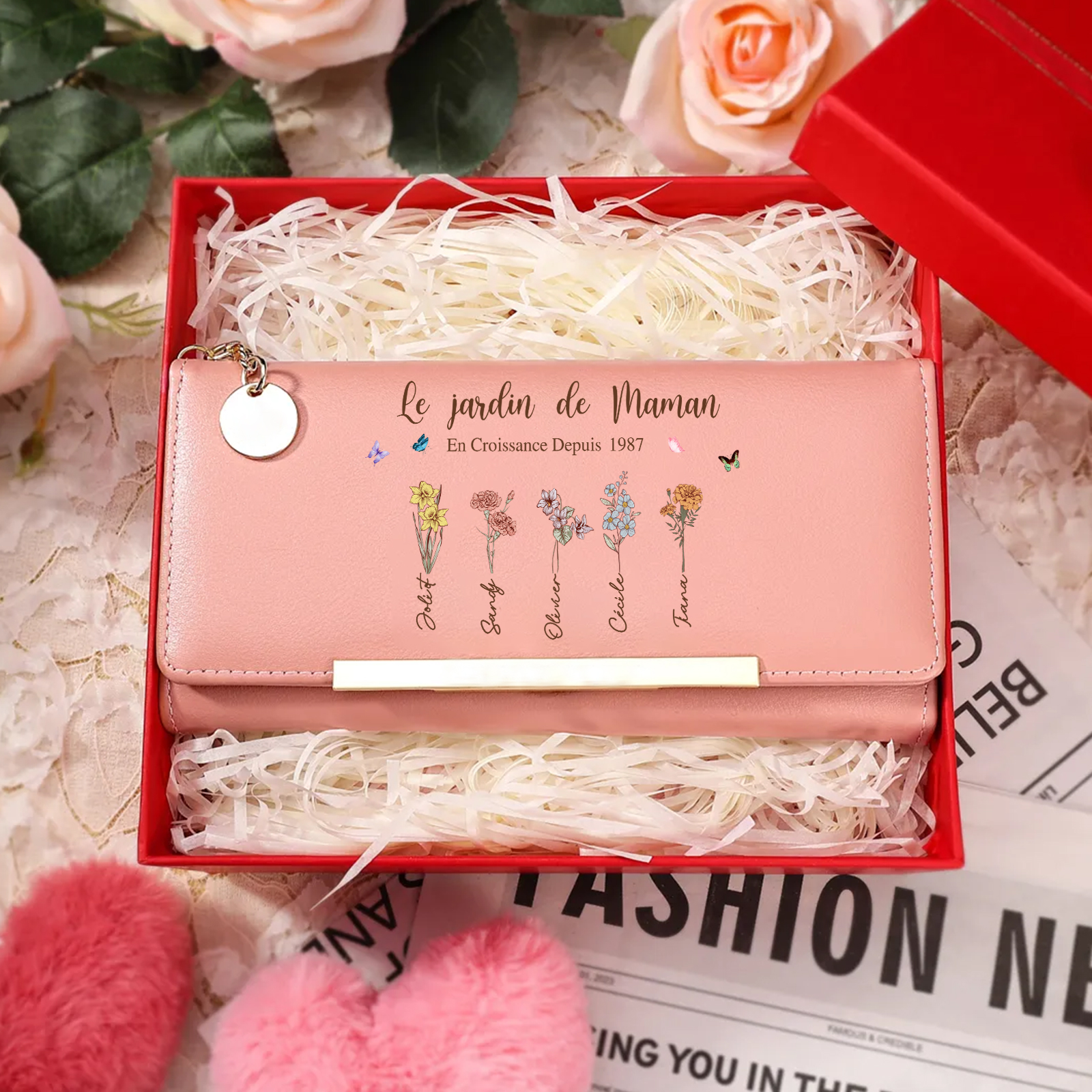 Portefeuille en cuir personnalisé pour femme « Le Jardin de Maman », conçu avec 1 à 8 Fleurs de naissance et Prénoms