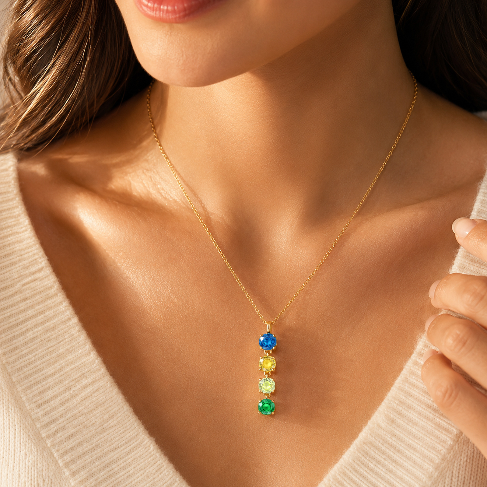 Collier Personnalisé avec 2 à 6 Pierres de Naissance, Collier Vertical pour Femme