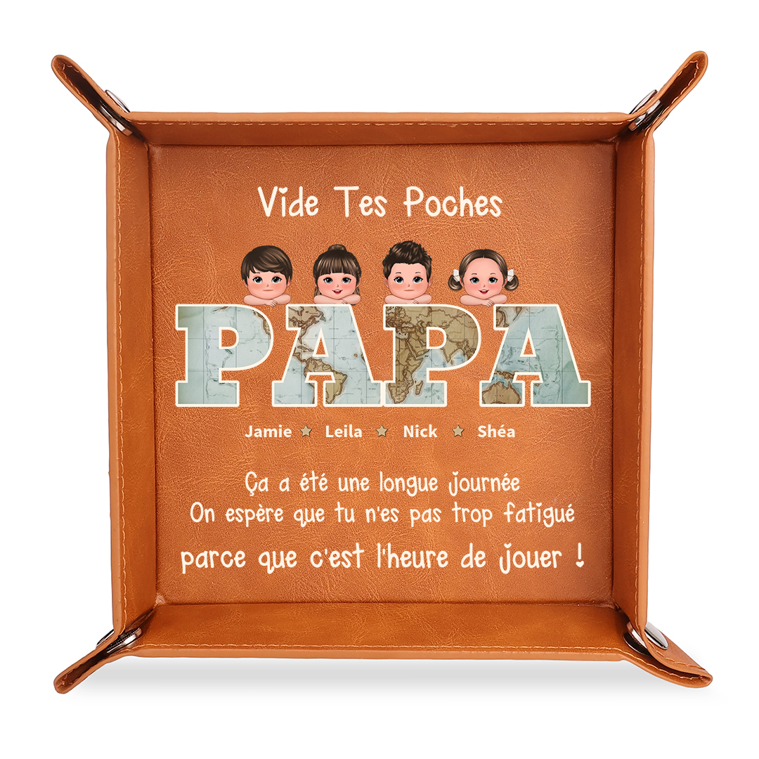 Vide-poches en Cuir PU personnalisé avec 1-6 Prénoms et Enfants pour Papa, Cadeau Fête des Pères