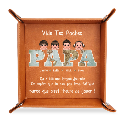 Vide-poches en Cuir PU personnalisé avec 1-6 Prénoms et Enfants pour Papa, Cadeau Fête des Pères