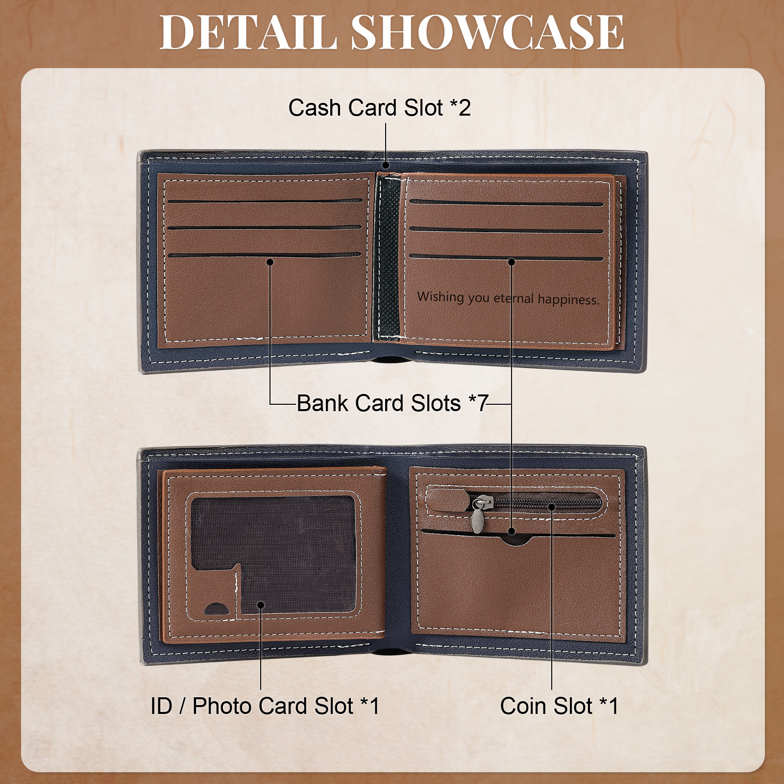 Portefeuille Homme Bicolore Personnalisé en cuir PU, à deux volets, personnalisé avec Photo, Calendrier, Initiales ou Prénom