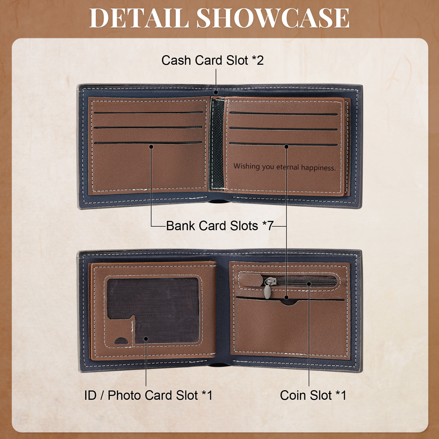 Portefeuille Homme Bicolore Personnalisé en cuir PU, à deux volets, personnalisé avec Photo, Calendrier, Initiales ou Prénom